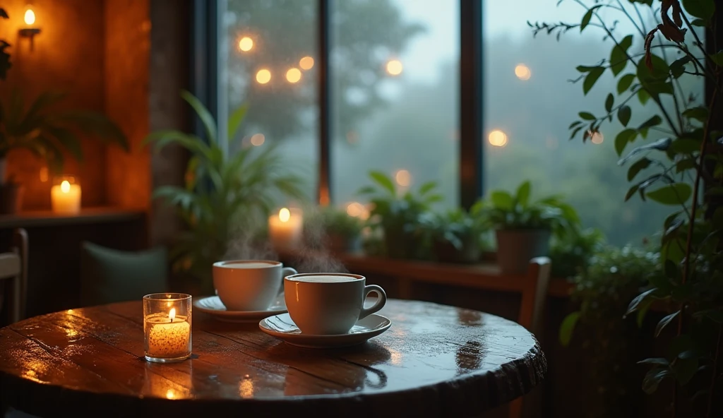 In a warmly inviting cafe with soft amber and warm attire lights, the scene exudes chill, cozy vibes ideal for a lofi music video on a rainy day. The place is adorned with flickering candles and plants, creating a tranquil atmosphere. The focal point of the image is a window that reflect the rainy weather outside and rustic wooden table set with steaming mugs of coffee conveying a sense of comfort and relaxation. This beautifully captured scene, possibly a photograph, evokes a sense of serene intimacy and quiet contentment.