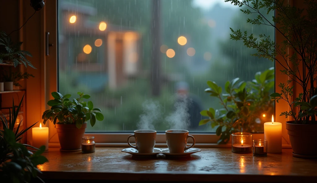 In a warmly inviting cafe with soft amber and warm attire lights, the scene exudes chill, cozy vibes ideal for a lofi music video on a rainy day. The place is adorned with flickering candles and plants, creating a tranquil atmosphere. The focal point of the image is a window that reflect the rainy weather outside and rustic wooden table set with steaming mugs of coffee conveying a sense of comfort and relaxation. This beautifully captured scene, possibly a photograph, evokes a sense of serene intimacy and quiet contentment.