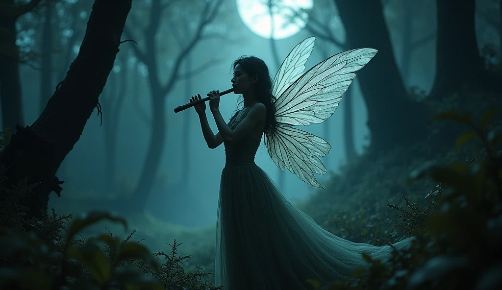 A dark, mysterious scene where a fairy with translucent wings plays a melancholic tune on her flute, surrounded by shadows in a moonlit forest. The full moon casts eerie light through the trees, creating deep contrasts. The camera moves slowly and deliberately, focusing on the intricate details of the fairy’s wings and the ominous atmosphere around her. The 4K resolution captures the sharpness and depth of the shadows and light.