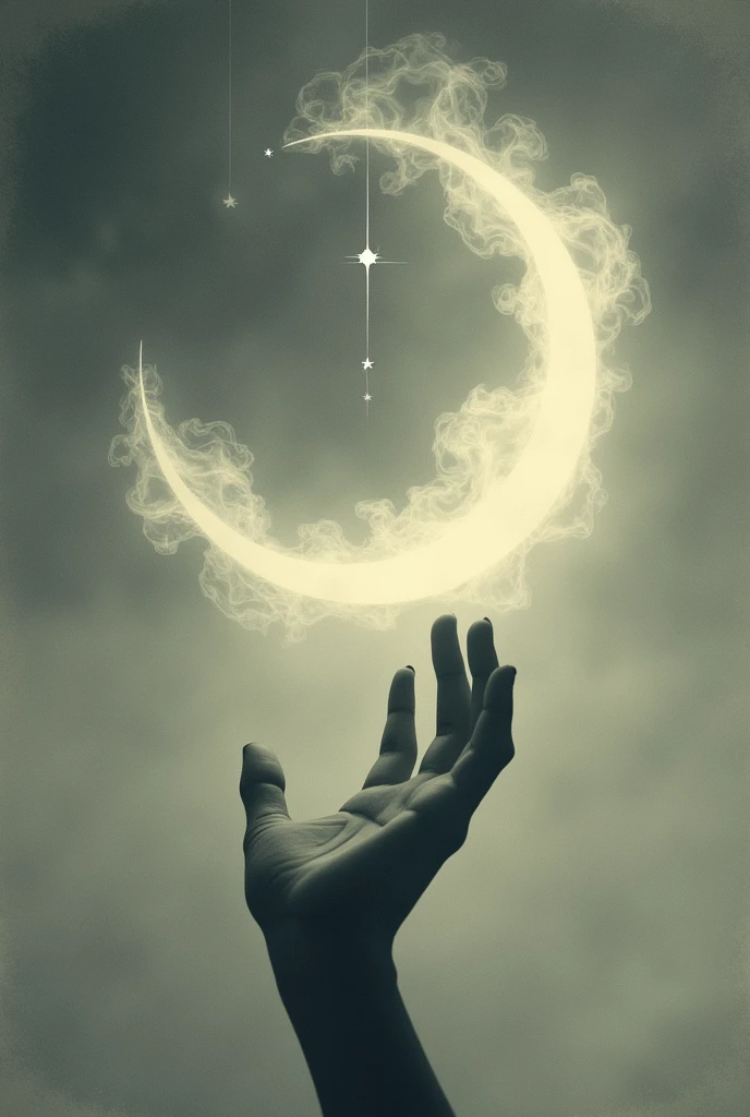 A moon and a star with smoke style and at the bottom a hand sideways trying to reach it in black and white, the whole image with retro style