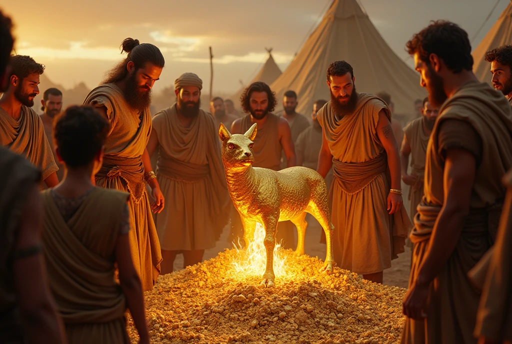 "A scene in the Hebrew camp in the desert, with Aaron in the spotlight, concentrated as he fashions the golden calf. He is surrounded by eager and impatient Hebrews, who hand over their golden jewelry and earrings to be cast. The golden calf, still in formation, begins to take shape under Aaron's hands, shining in the light of the flames that melt the gold. The atmosphere is tense, with expressions of expectation and reverence on the faces of the Hebrews, while the idol begins to emerge. The arid desert and the tents of the camp complete the scene, symbolizing the atmosphere of despair and spiritual abandonment."