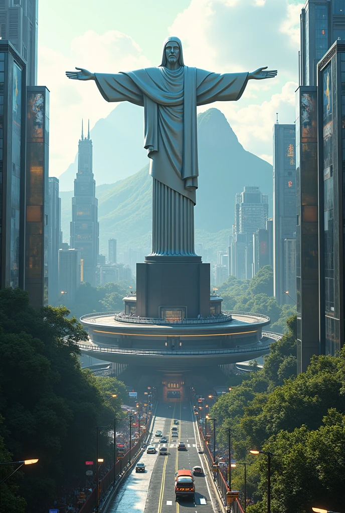 fais moi les rues rio de janeiro dans le futur en mode futuriste avec la statue christ redempteur