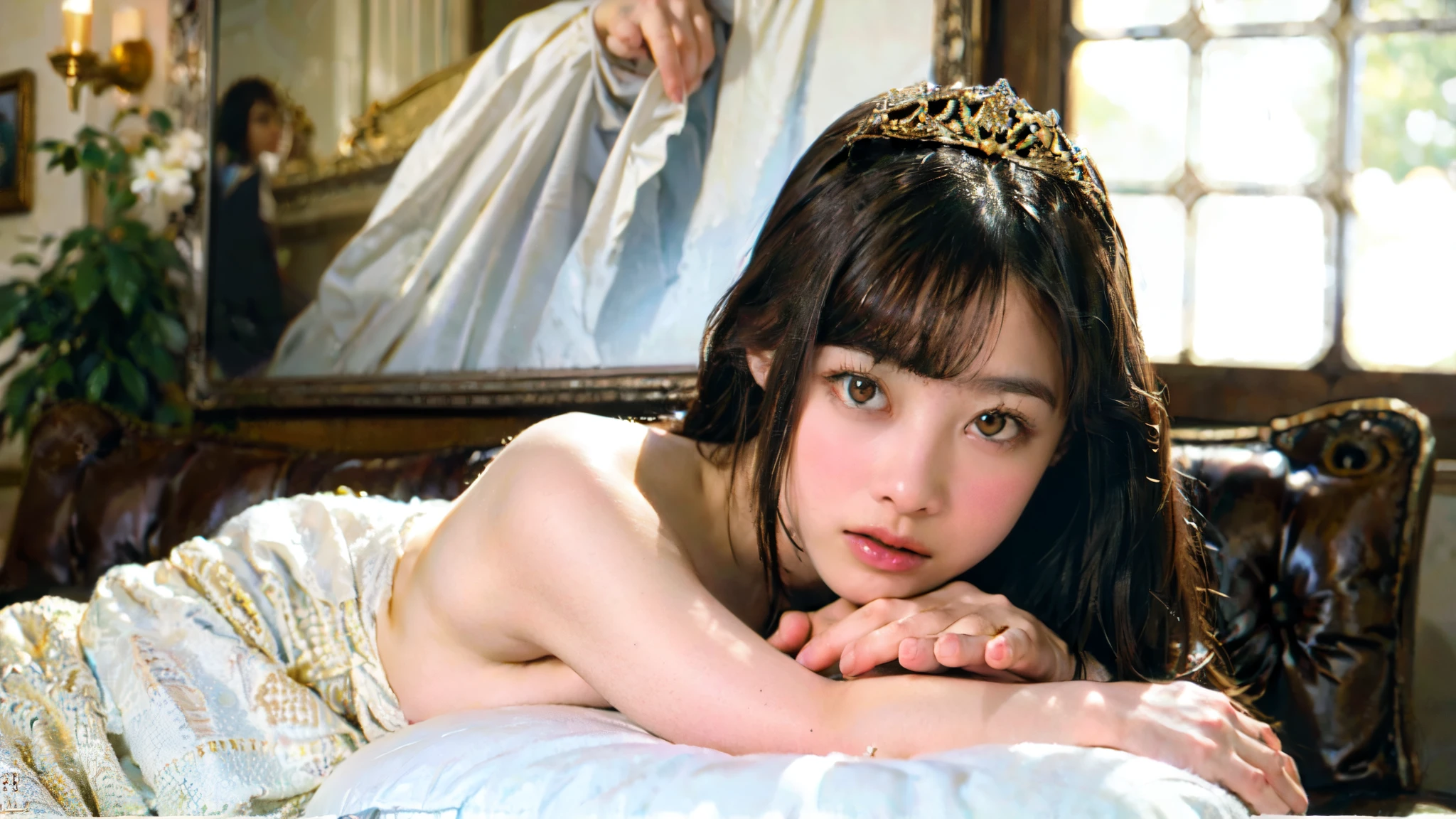 8k, ultra high res, best quality, masterpiece, ultra realistic, photograph, 1 girl, (1:1.2), cute girl, cute face, beautiful detailed eyes, blunt bangs, large breasts, (silver tiara:1.1), (golden dress:1.2), white castle, (topless:1.4)