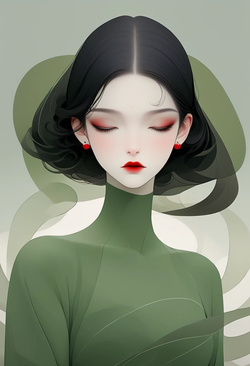 (masterpiece, best quality:1.2), 1 girl, Solitary,Pretty Face，Red lips，Black Hair，Simple hairstyle，Minimalist Art Nouveau，Illustration style，Black and green，geometry