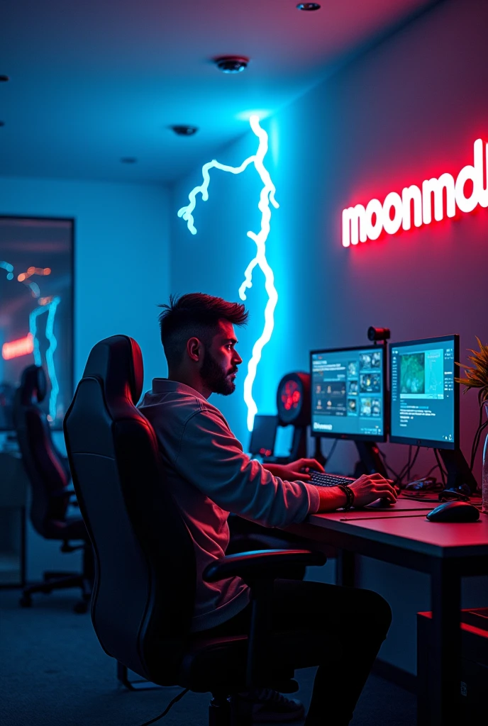 A man in gaming room and a lightning and crearly looking name on wall called moonmadhu