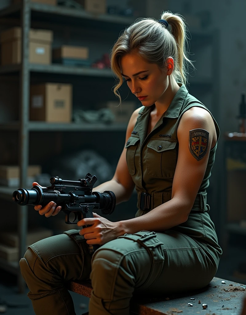 (Photorealism:1.2), sexy woman soldier, She is sitting and taking apart the gun..
