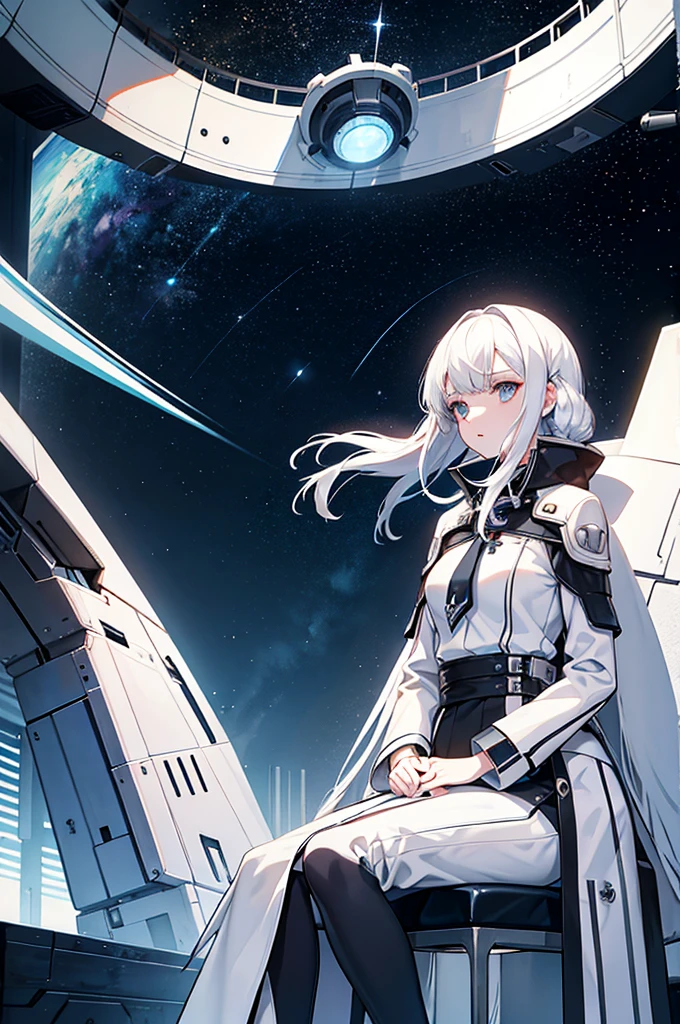 White hair，Girl，Space battleship，Gloomy environment，Masterpiece，high quality