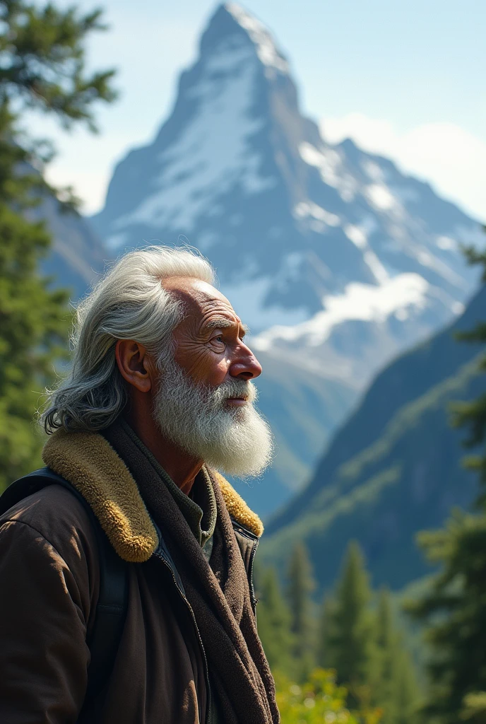 Man looks at a giant mountain, observe and think about the immensity of this peak. Observe the green nature around the mountain. an elderly man with weather-worn features. Your skin is wrinkled with age spots, deep lines around the eyes and mouth. He has clear and expressive eyes that convey wisdom and life experiences.. He sports a well-groomed white beard and neatly combed gray hair..