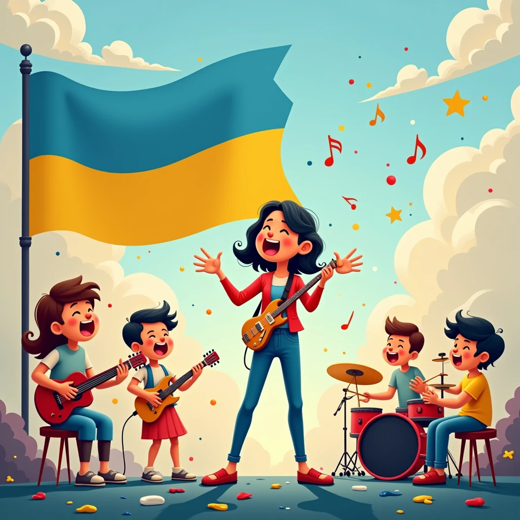 animated characters playing instruments, and one sings this song. the Ukrainian flag flies in the background