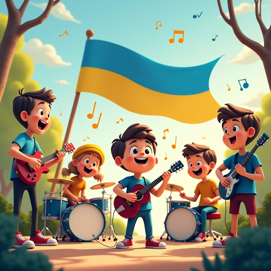 animated characters playing instruments, and one sings this song. the Ukrainian flag flies in the background