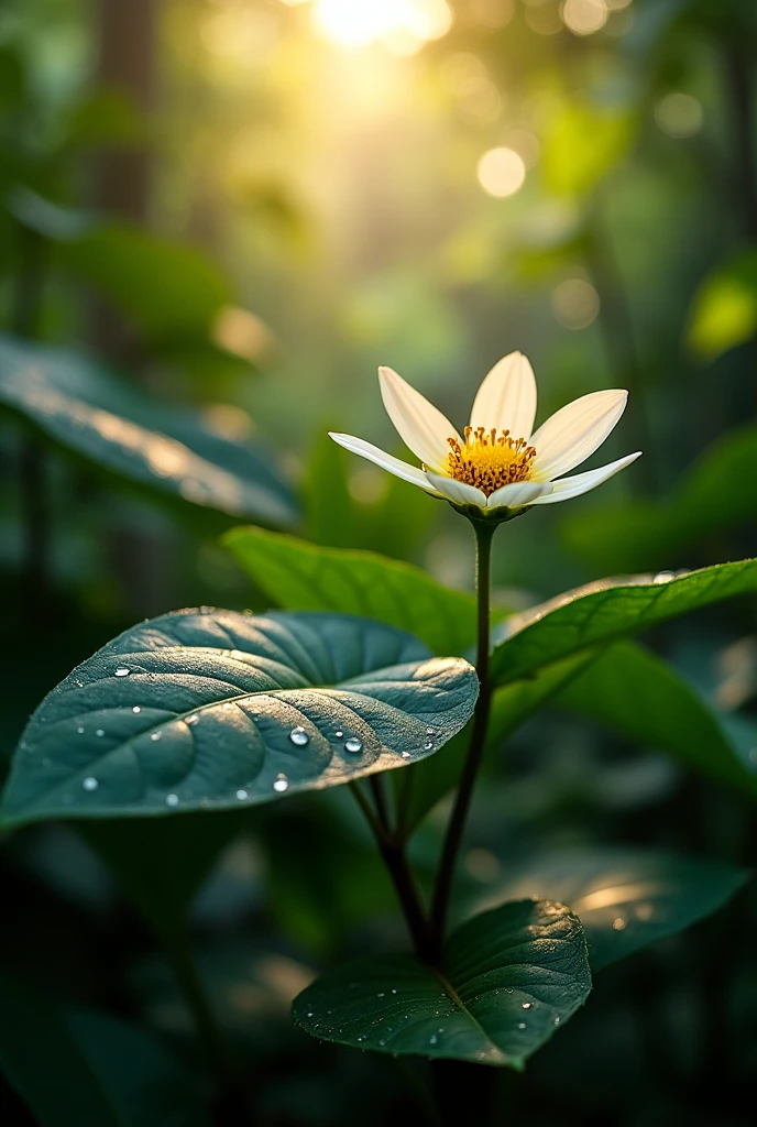In the dense jungle under the morning sun,Leaves and a wild flower, Water Drop