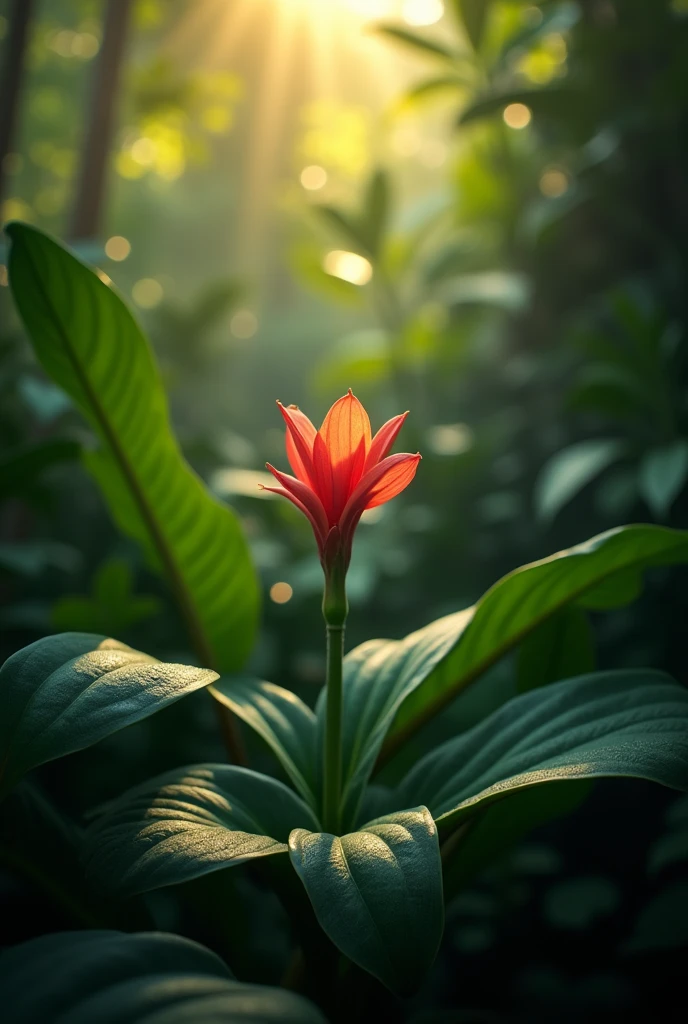 In the dense jungle under the morning sun,Leaves and a wild flower, Water Drop