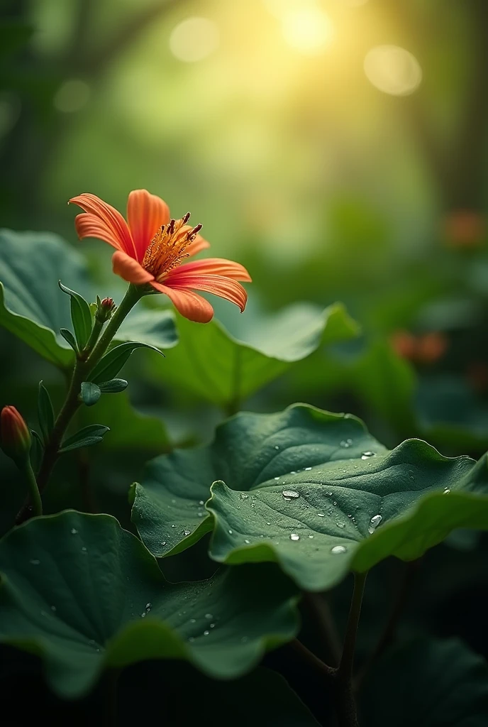 In the dense jungle under the morning sun,Leaves and a wild flower, Water Drop