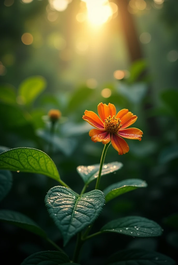 In the dense jungle under the morning sun，Leaves and a wild flower, Water Drop