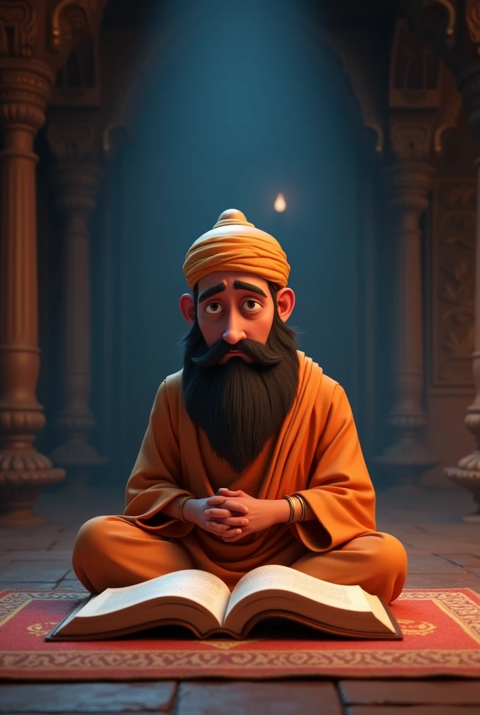 Generate a cinematic 3D cartoon style Pandit in Thought: The pandit deep in thought, with the granth open in front of him, a look of concern on his face.