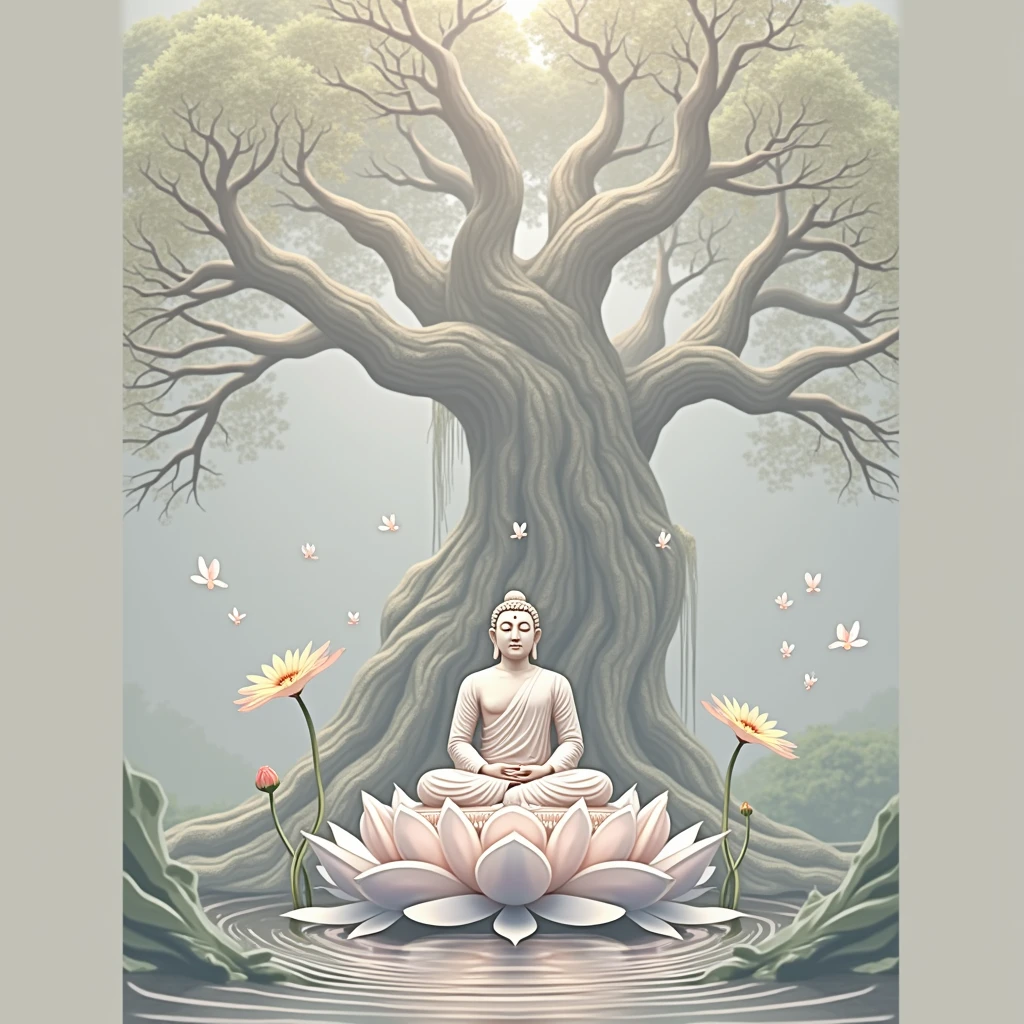 The Buddha is meditating on a large lotus flower under a large banyan tree with lush green leaves., Surrounded by a peaceful atmosphere" Realistic, Realistic natural colors