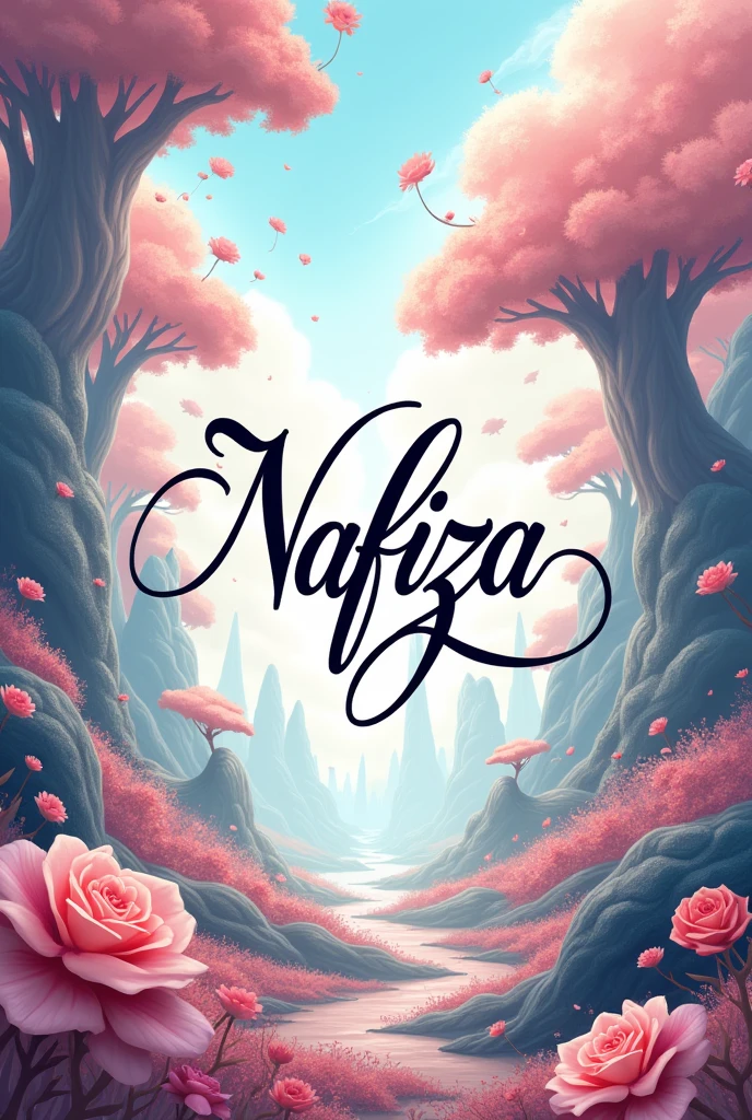 Nafiza English word calligraphy with anime design background 
