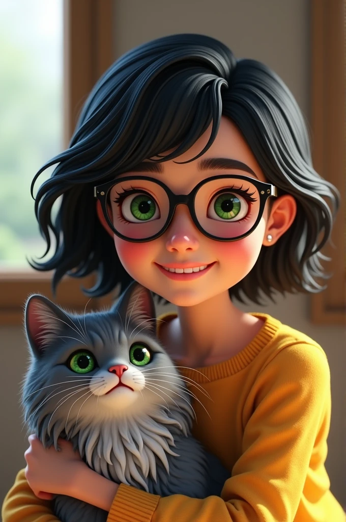 Create a young lego woman with not-so-long dark hair and light bangs, Wearing glasses , smiling with a long-haired gray cat with green eyes, Looking forward