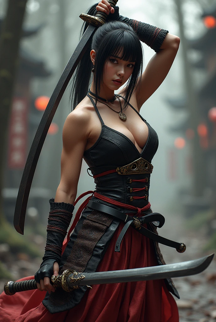 1 girl, sexy, beautiful samurai, katana, samurai, muscular abs, navel, fantasy, sensual, cropped corset goth top, goth girl, sexy, deep navel, goth makeup, armpit, action pose, fighting, wounded