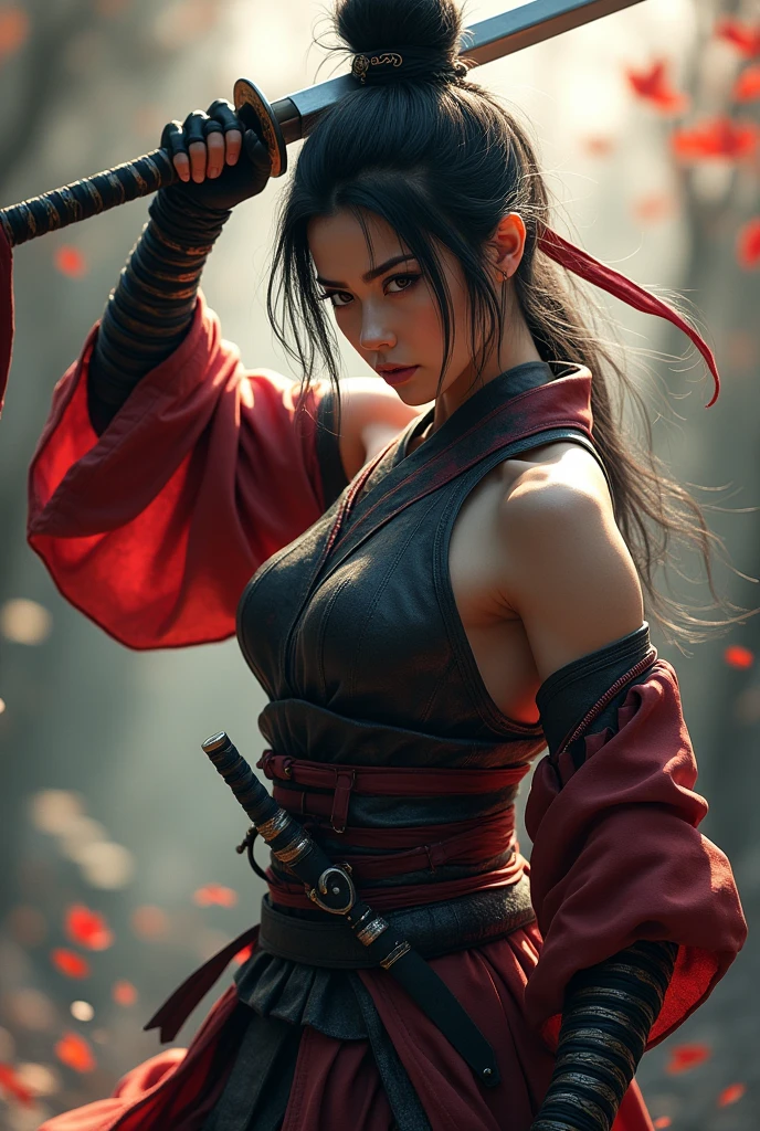female samurai warrior, super sexy, side boobs,((masterpiece, highest quality, Highest image quality, High resolution, Raw photo, 8K)), ((Extremely detailed CG unified 8k wallpaper)), (huge stunning warrior shot, full body, musclural body beauty:1.4), black hair, black hair, nervous, Posing for the camera, In a warrior fighting stance, unkempt hair, a stern look, and dual swords, symbolizing his mastery of the dual-wielding technique. Pose: Holding both swords, one above his head and one in front, in a ready stance, showcasing his adaptability and readiness., photorealistic, 16k, 8k, 4K, award winning