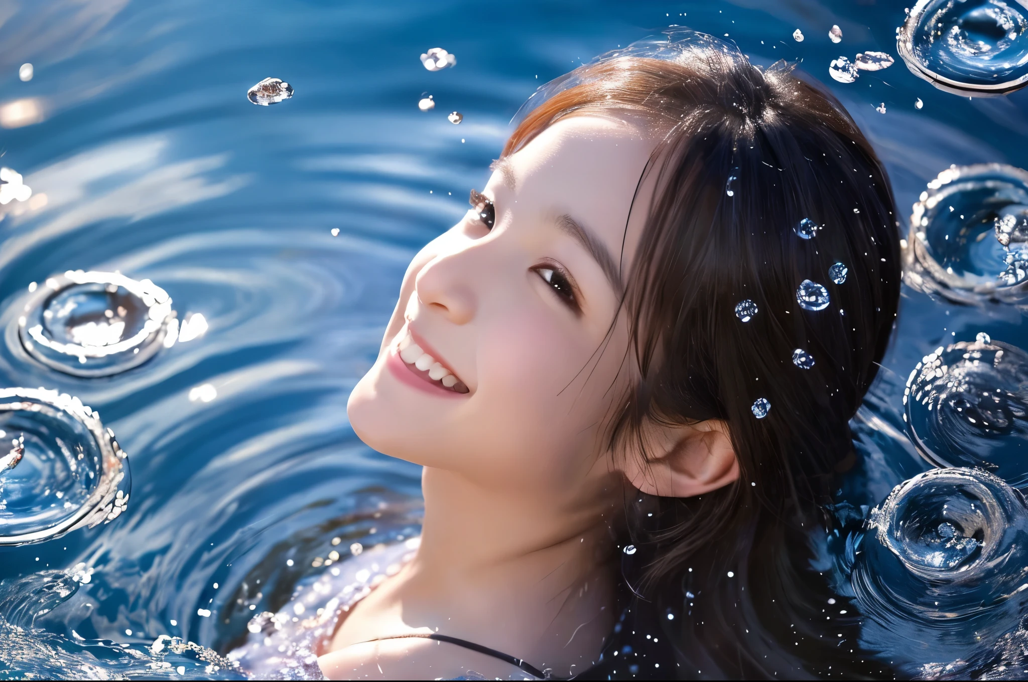 Highest quality　masterpiece　detailed　A very cute  smiles as she watches water droplets fall and create ripples　Photo style　Fantasy　Fantasy