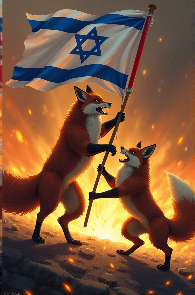 שועל עם דגל ישראל תוקף שועל אחר וחושף שיניים עם רקע של אש