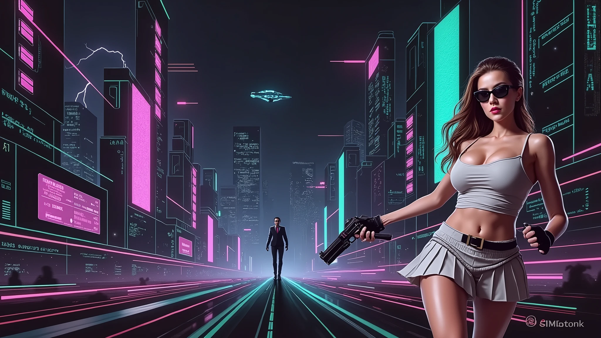 Matrix inspired futuristic cityscapes with colorful all-glass outlined towering skyscrapers with lightning, flying vehicle. High-resolution OLED GUI interfaces in the building, The windows are filled with transparent data visualization infographics that show it all, close-up green glowing cascading code. Colors are saturated and vibrant. At night, (1girl, solo, alone), photorealistic, large-breast slim:0.6 body, oval:0.5 face, cleavage:1.1, very low angle view of pleated miniskirt, deep-v, (upskirt), glove, (Matrix style black micro sunglasses), (aiming viewer with a short gun), dynamic running pose, ((half-body thigh level close-up shot)), cinematic lighting, ray tracing, motion blur background.