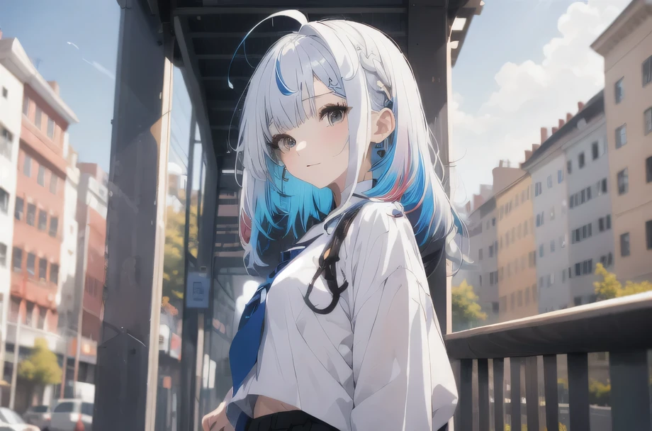  1girl,1girl, white shirt, bangs, white hair, long hair, solo, blue hair, hair over shoulder, multicolored hair, hair over eyes, dyed ahoge, colored skin, school uniform