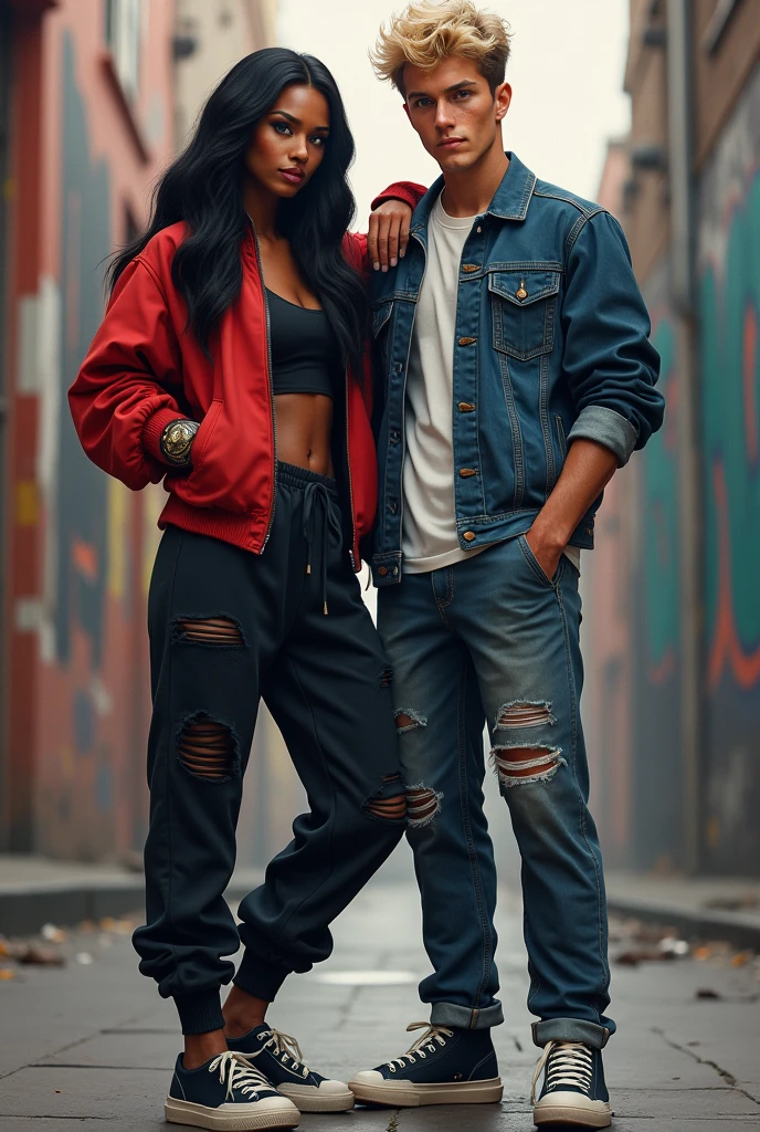 Black Woman Hair: black, smooth and long, falling gently on the shoulders.
badass clothing: Dressed in streetwear clothes, which may include a bomber jacket, sweatpants or ripped jeans, and modern sneakers. Clothes should have an urban and cool style.
Position: The woman is standing next to the man, with a hand gently resting on his shoulder.
white male:
Facial features: freckles visible, hair blonde, short in length, and blue eyes.
badass clothing: Can be dressed in a way that complements the woman, maybe with a casual t-shirt, a denim jacket, and comfortable pants.
Position: the man is next to the woman, possibly smiling or in a relaxed pose.
enviroment: The background can be urban, with elements such as graffiti, buildings or cityscapes to reflect streetwear style.
