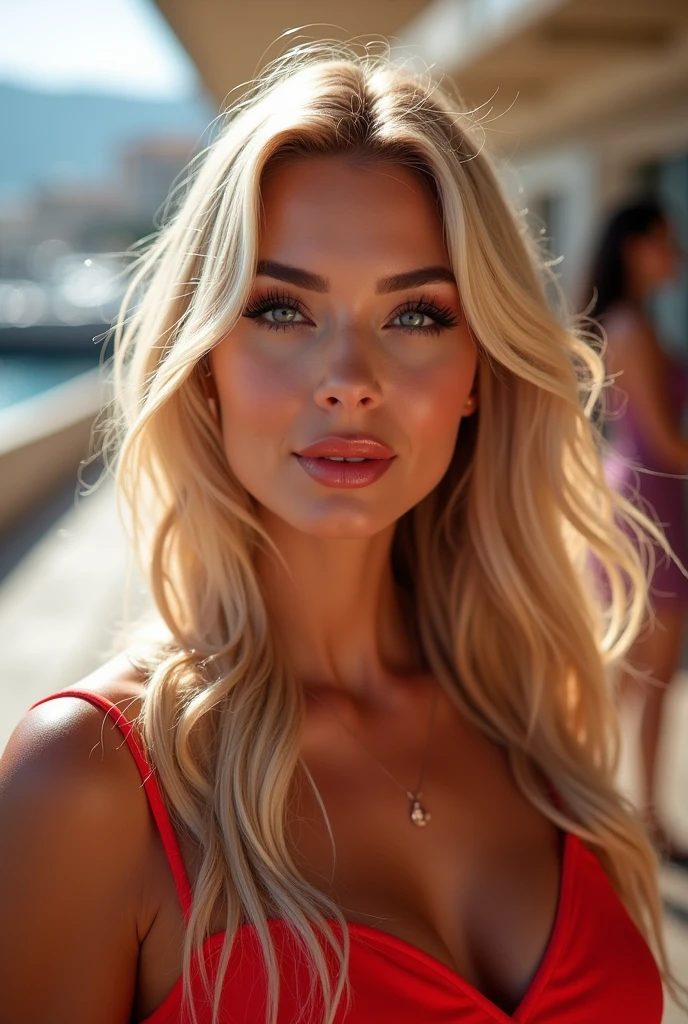 (best quality,ultra-detailed,photo-realistic:1.37),bright and vibrant colors,studio lighting,playful expression,stylish makeup,long blonde hair flowing in the wind,alluring eyes,glossy lips,sexy pose, Grand Prix, Monaco, smiling in a confident and seductive way,posing for a professional photoshoot,shallow depth of field,highlighting the main subject,soft natural lighting,creating a dreamy and magical atmosphere.