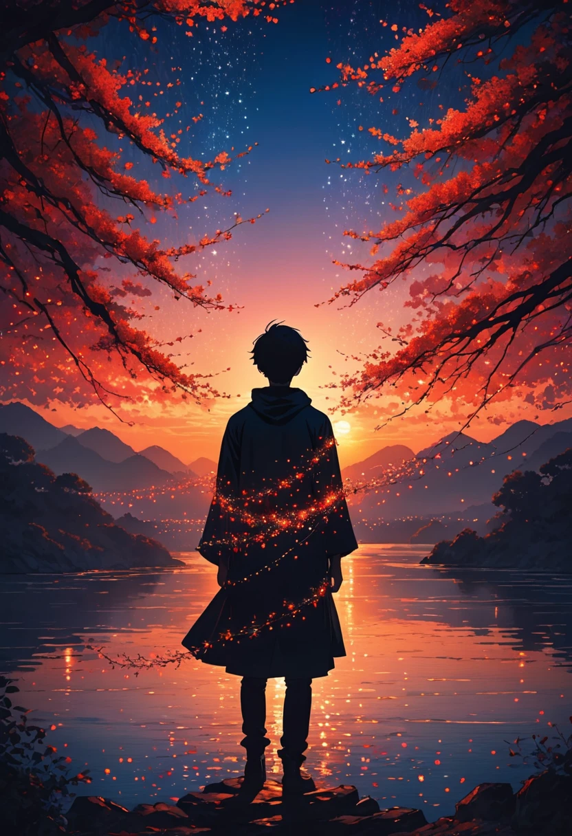 The image depicts the silhouette of a young man standing against a stunning sunset background. The sky changes from a deep red near the horizon to a deep blue as it ascends. The person appears to be enveloped in a series of tiny glowing fairy lights, some of which are illuminated, creating a stunning and captivating contrast to the dark silhouette. The person appears to be holding out one arm, perhaps adjusting to or interacting with the lights. The overall mood of the image is peaceful and magical.