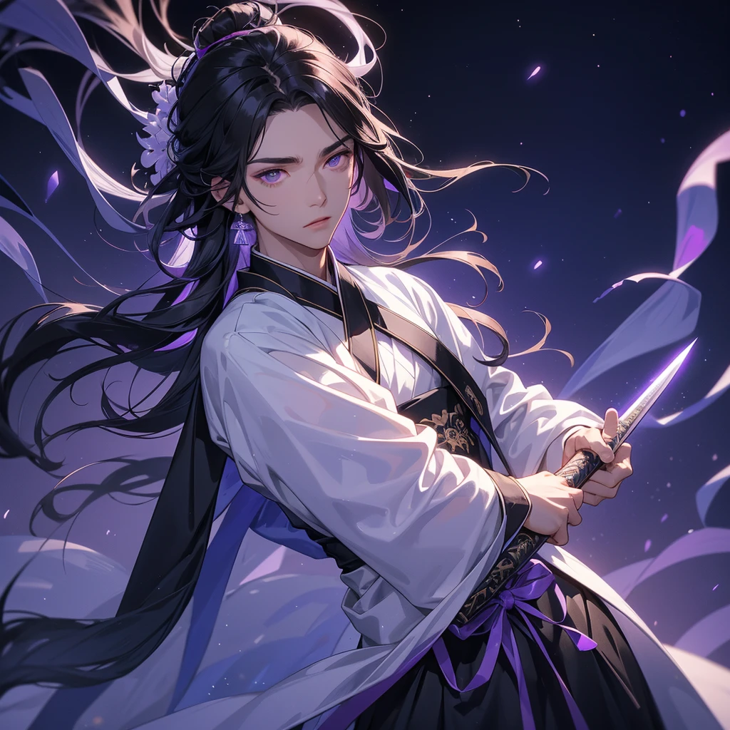 A Handsome black-hair male holding a large sword in white hanfu dress, Background is a dark moonless night, with dry trees in the background, and purple glowing light, close up.