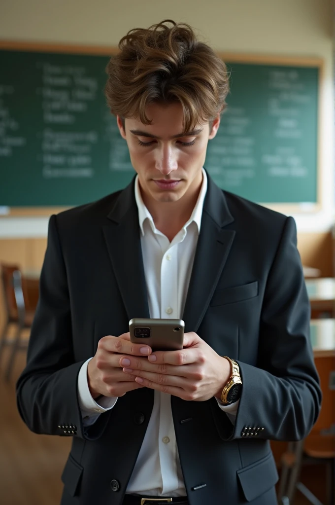 very rich white teenager playing with iphone 15 plus in classroom