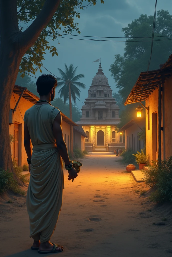 A man dressed in simple traditional Indian attire, appearing innocent and naive, stands at a crossroads under a twilight sky. The setting is a rural village with dusty paths, one leading to a distant, dimly lit tavern (madiralaya) with a faint glow of lanterns, while the other path leads towards a serene temple with its lights just beginning to shine. The man is holding a small brass pot, symbolizing his intent to drink, but he stands hesitantly, looking confused and uncertain about which path to take. The scene captures his inner conflict between indulgence and spirituality.