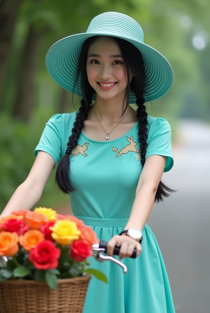 beautiful indonesian girl, smooth white skin, well-groomed face,smiled faintly, long black hair in two braids at the bottom.. wearing a turquoise hat , wearing a knee-length turquoise dress,cool watch, short sleeves, contemporary balloon models,decorated with rabbit motif, posing while holding the bicycle handlebars, in a bicycle basket full of orange roses, red,pink,the background of a very beautiful village road is amazing ,kiri-kanan jalan terdapat tumbuhan bunga mawar warna warni,