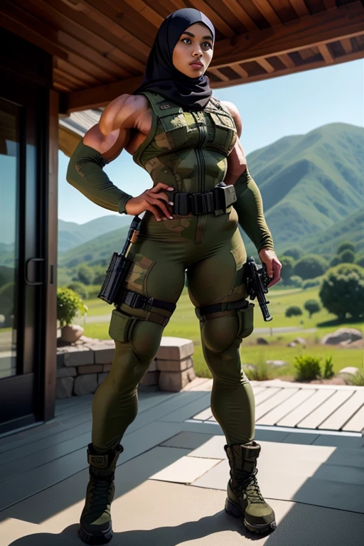 Photorealistic, high resolution, 1 malay girl in hijab from Johor, Solo, Hips up, Battlefield background,view the viewer, (Detailed face), White hijab, SWAT vests, sniper rifle handle, camouflage combat suit, Camoflage military uniform, SWAT Boots, bulletproof vest, Holding an ault rifle, M16, Inside the jungle of Royal Belum, Very detailed, Perfect face, Black eye, jewelry, (full body view), Lifelike, masterpiece, HDR, 4K