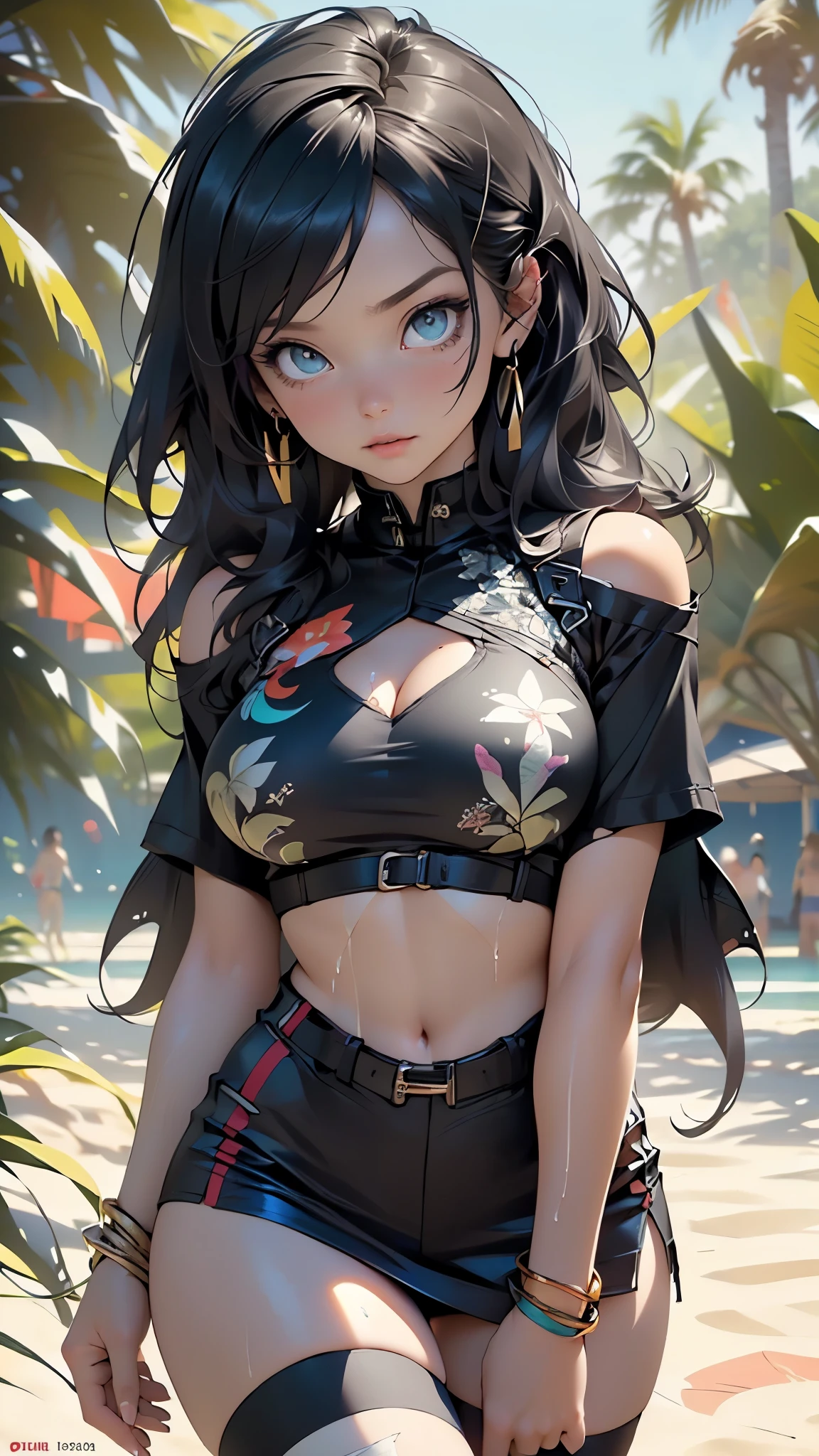 sith girl, serious and sexy face, has a face of supernatural beauty, long black hair, black hair, fitness hip, cracked abdominal muscle, large abdomen muscle,light_blue_hair,
woman,1female,((milf,mom,mature,mature woman,4 female,adult)),
Her figure is extremely voluptuous, gigantic breasts, heavy breasts,(large breasts:1.5),saggy breasts,colored inner hair,((aqua_eyes:1.3))),intricate eyes,beautiful detailed eyes,symmetrical eyes,((((lustrous skin:1.5,bright skin: 1.5,skin tanned,shiny skin,very shiny skin,shiny body,illuminated skin)))),(spider lower abdomen,narrow waist,wide hip,bimbo body,inflated legs,thick thighs),(((detailed face))),
(cute,slutty,sensual,seductive look,seductive,((erotic)),opulent,sumptuous,longingly,((nsfw)),
queen,goddess,fantasy,revealing clothing,show skin,zettai ryouiki,revealing clothing,skin show,((rave shirt with a black print,rave miniskirt,visible thong straps)),(wearing a rave outfit:1.3,rave clothing,semi-naked,scantily clad),((clothes wet, intricate costume, intricate clothing)),(femdom cloth,torn clothes,black clothes),sith style, bare belly, bare shoulders, golden bracelets,detailed outfit,
(dynamic pose:1.0),arrogant face, arrogant smile,(centered,scale to fit dimensions,Rule of thirds),
outdoor,((beach rave party)),scenery:1.25,((intricate scenery)),((beach rave party background)),beach rave party atmosphere,Summer beach party,sand,beach party behind,harmonized orange sunset adding to the atmosphere of a summer beach party,beach party atmosphere,Boom festival,European rave,Cytorance festival,time golden,Ozora festival,sea,horizon,palm,palm trees,Christmas lights,
(Glossy rave ornaments),highres,sharp focus,(ultra detailed,extremely detailed),(photorealistic artwork:1.37),(extremely detailed CG unity 8k wallpaper),(((vibrant colors,vibrant theme))),(intricate),(masterpiece),(best quality),artistic photography,(photography taken by sldr),(intricate background),perfect rendered face,perfect face details,realisti
