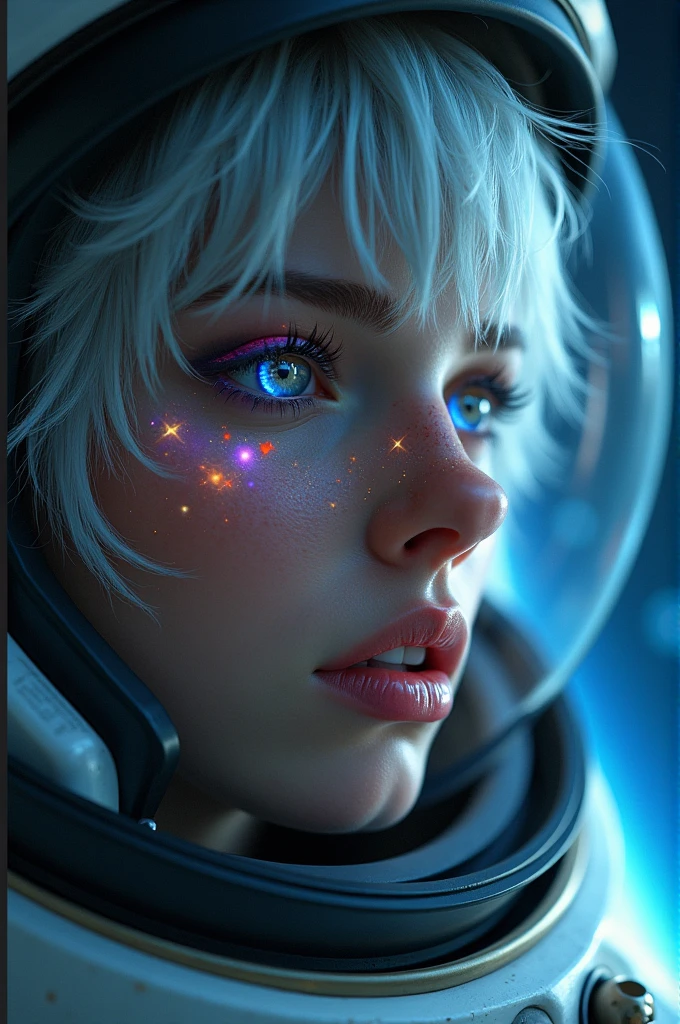(Close-up of a better masterpiece:1.5)0.9], (Space and astronauts:1.2) (Messy silver hair:1.1) (Heterochromia xanthochromia and blue eyes:1.2) (Space Helmet:1.0) (Colored stars in the eyes:1.0) (A radiant glow:1.1) (thick lips:0.9)