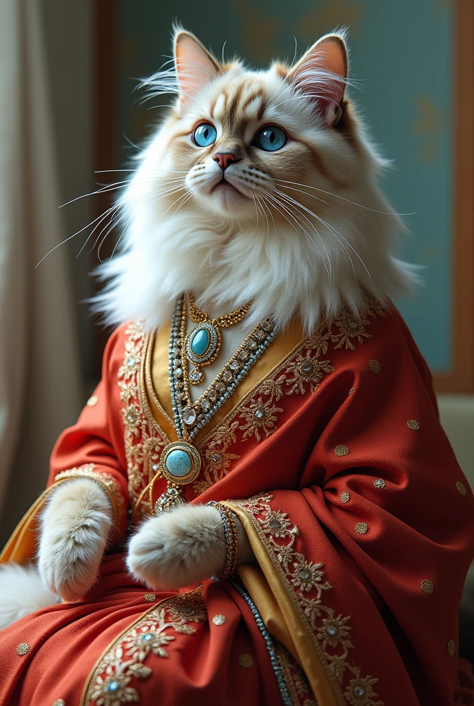 Excessive detail Himalayan cat wearing sari and jewelry Full body photo as real as in real life 