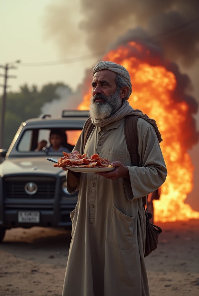 A Muslim man is about to bomb a car with children in it and is eating bacon.