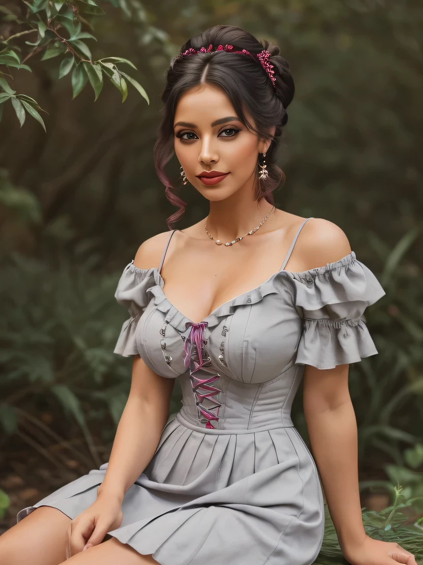 Create an ultra-realistic image of a modern, attractive female influencer of Indian descent, aged between 27 to 30. She should have a warm and inviting smile, expressive almond-shaped eyes with a slight shimmer, and clear, glowing skin with a medium brown complexion. Her features should be well-defined, with high cheekbones and a sharp jawline. Her hair should be long, thick, and styled in a classic chignon with delicate pearl hairpins, with a deep, reddish-purple hue that’s bold yet sophisticated. She should have a slender yet athletic build with gigantic breasts (plump: 1.3) (((she wear a short, light grey dress with a vintage, fairy-tale-inspired look. The dress features a fitted corset-style bodice with lace-up detailing at the front, creating a flattering and cinched waistline. The bodice has soft, off-the-shoulder puff sleeves that are slightly sheer and gathered with delicate ribbons at the shoulders, adding a romantic and whimsical touch. The skirt is flared and flowy, with soft pleats that create a playful, voluminous effect, reaching mid-thigh length. The fabric should be lightweight, with a subtle sheen that gives the dress a delicate and ethereal appearance. Pair the dress with light blue ankle-strap heels that have a bow detail and a white beaded handbag for a chic and coordinated look))))
