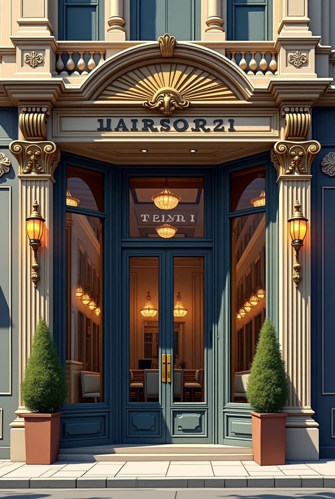 Illustration of the facade of a medium-sized hair salon in vintage style. The facade must be elegant and classic, window where you can see the chairs and mirror on the inside