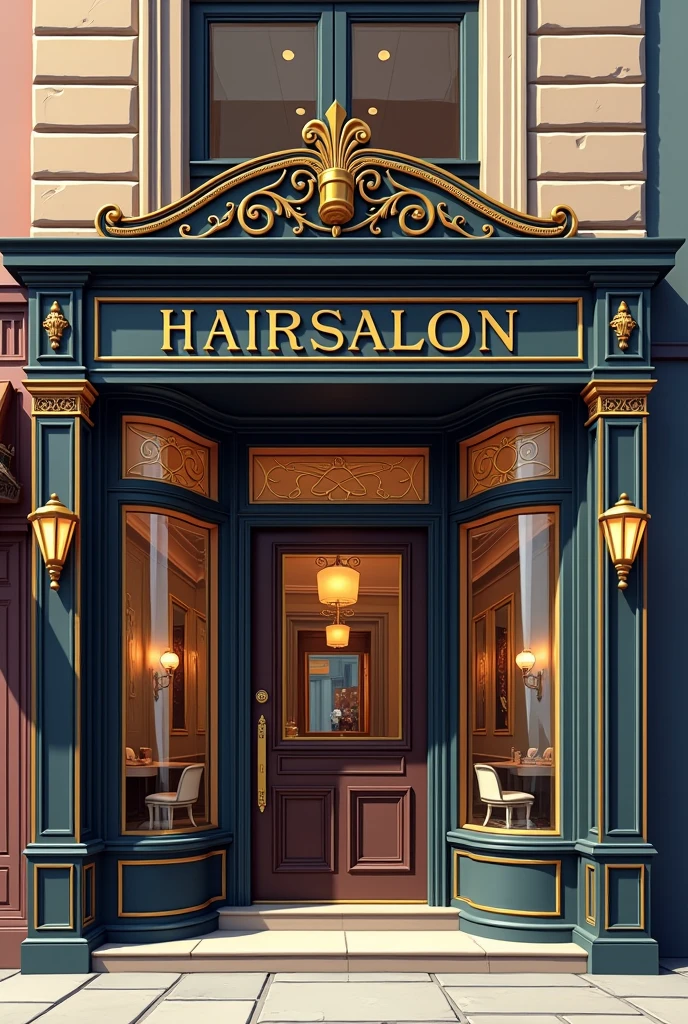 Illustration of the facade of a medium-sized hair salon in vintage style. The facade must be elegant and classic, window where you can see the chairs and mirror on the inside

