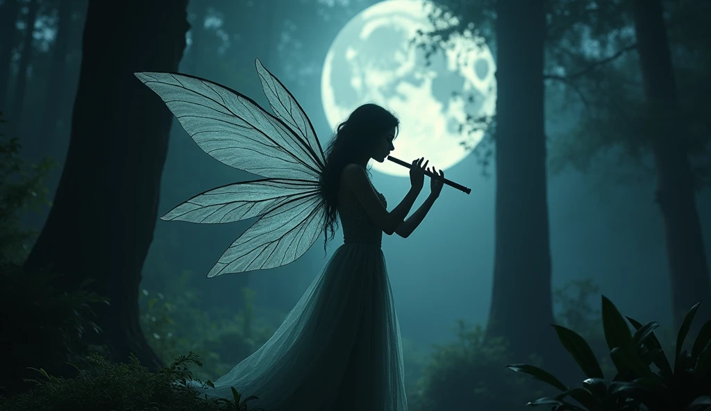 A dark, mysterious scene where a fairy with translucent wings plays a melancholic tune on her flute, surrounded by shadows in a moonlit forest. The full moon casts eerie light through the trees, creating deep contrasts. The camera moves slowly and deliberately, focusing on the intricate details of the fairy’s wings and the ominous atmosphere around her. The 4K resolution captures the sharpness and depth of the shadows and light.