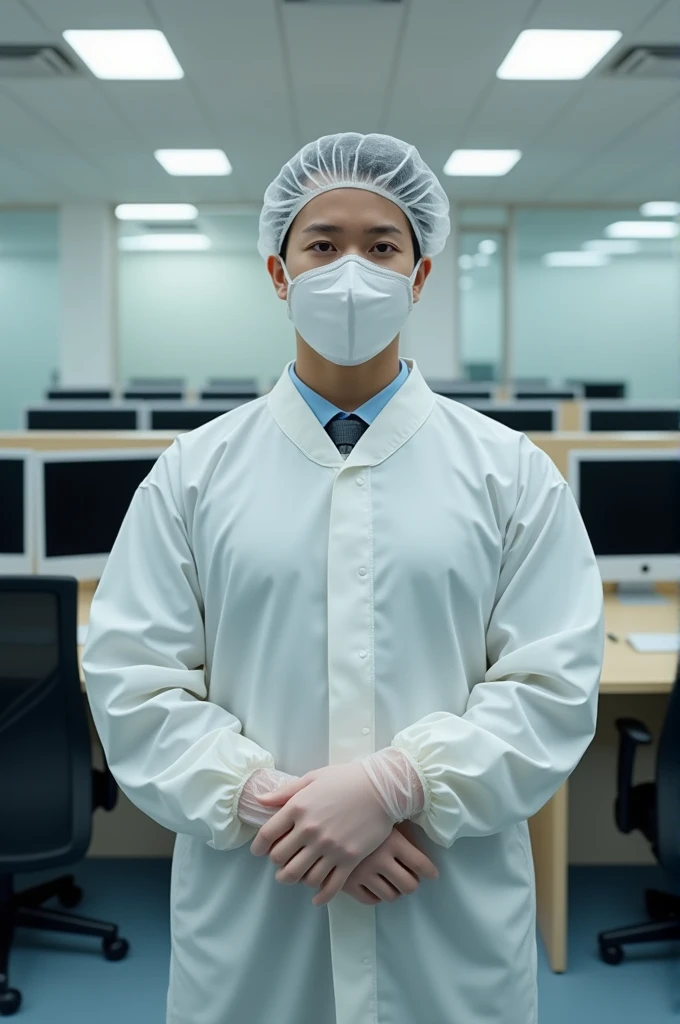 An image of someone wearing a mask and gloves in an office