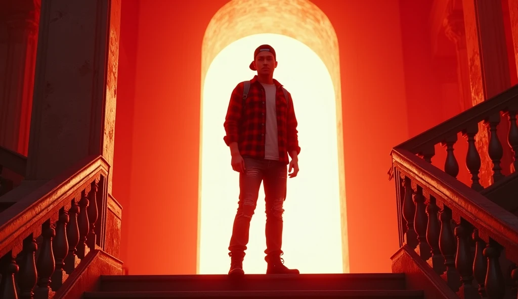 Hyper realistic, depict dramatic scenes with strong color contrasts, especially in shades of red and orange, depicting environments that appear otherworldly. In the middle, there was a white door emitting bright light, with the silhouette of a person standing in the doorway. Face detailed. Look straight ahead. 27yo Indonesian man wearing dark red flannel shirt and dark ripped jeans pants and black hiking hi-shoes with black backward trucker hat, wear dark leather backpack, masculine photoshoot pose, arrogant man expression. On the side of the stairs leading to the door. The setting includes architectural elements such as stairs and railings that have an otherworldly ancient design.