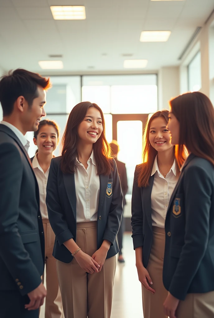Teachers and 3-4 students, wearing school uniforms, chatting happily.
