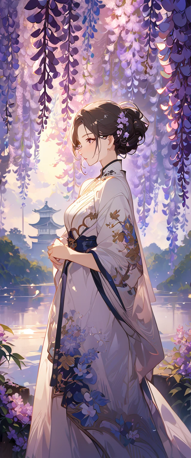 wisteria flower, wisteria tree, wisteria background, 8k ,4k , best quality, high quality, masterpiece, embroidery clothes, big chest, all kind of hairstyle, inspired by Asukaziye artist : ask, art style : ask