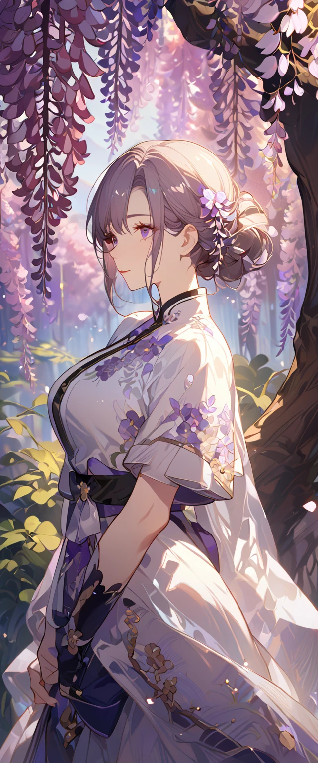 wisteria flower, wisteria tree, wisteria background, 8k ,4k , best quality, high quality, masterpiece, embroidery clothes, big chest, all kind of hairstyle, inspired by Asukaziye artist : ask, art style : ask
