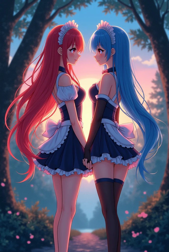 Ram and Rem anime, sexy, , the forest, twilight, girl on the right red hair, girl on the left blue hair, , long hair, hair pins, maid headdress, effects, stockings, big breasts